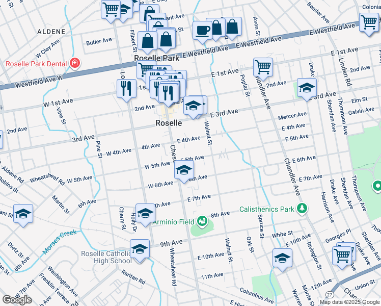 map of restaurants, bars, coffee shops, grocery stores, and more near 147 East 5th Avenue in Roselle
