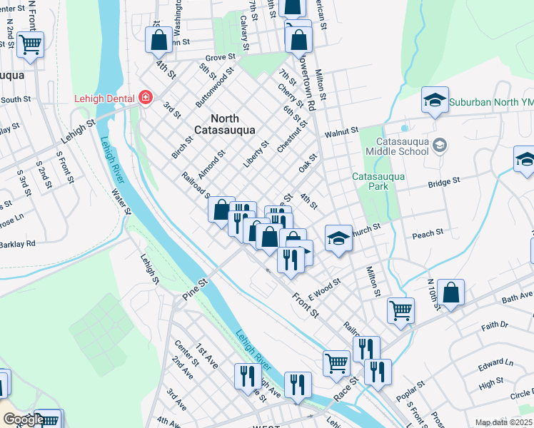 map of restaurants, bars, coffee shops, grocery stores, and more near 232 Pine Street in Catasauqua