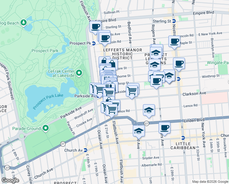 map of restaurants, bars, coffee shops, grocery stores, and more near 257 Parkside Avenue in Brooklyn
