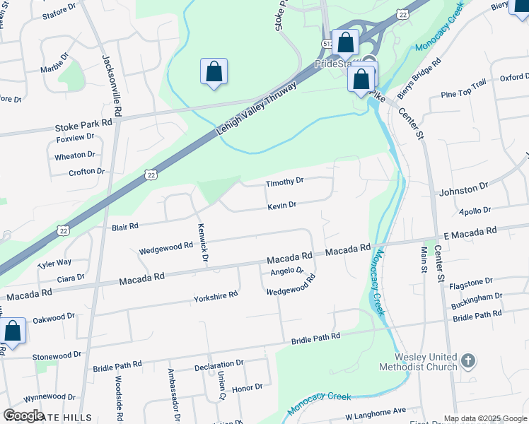 map of restaurants, bars, coffee shops, grocery stores, and more near 503 Kevin Drive in Bethlehem