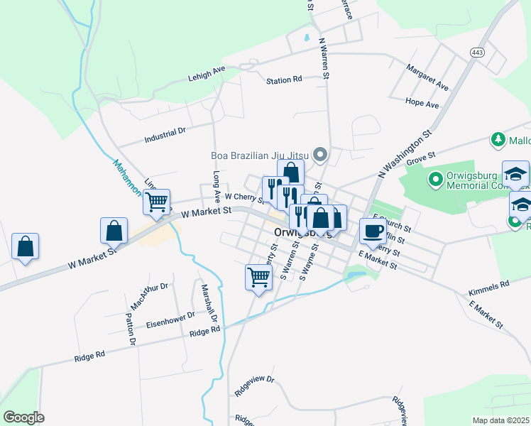 map of restaurants, bars, coffee shops, grocery stores, and more near 316 West Market Street in Orwigsburg