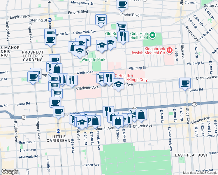 map of restaurants, bars, coffee shops, grocery stores, and more near 510 Clarkson Avenue in Brooklyn