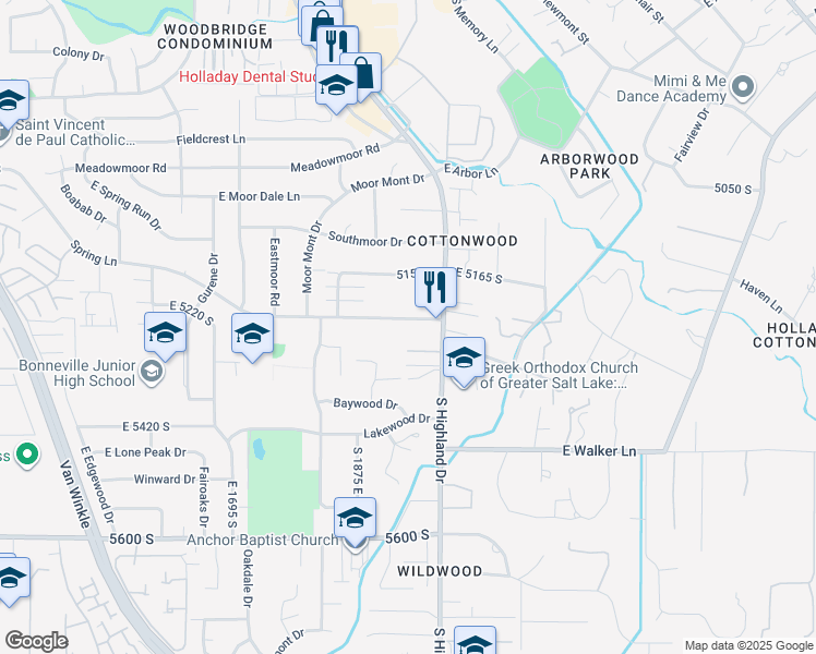 map of restaurants, bars, coffee shops, grocery stores, and more near 5200 East 5240 South in Holladay