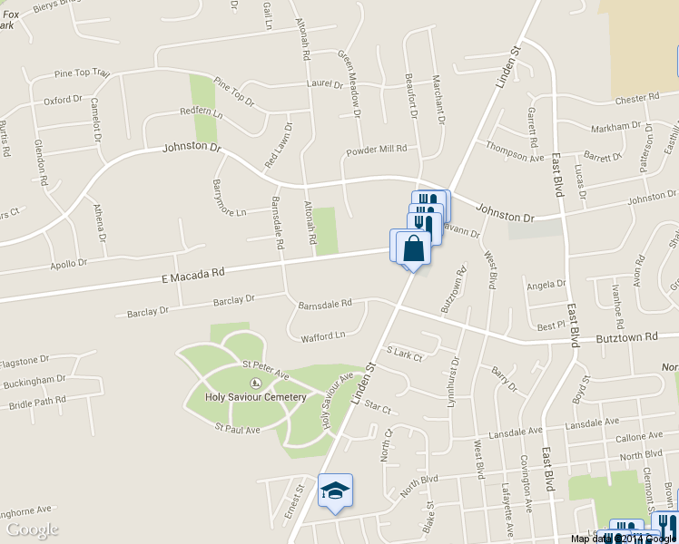 map of restaurants, bars, coffee shops, grocery stores, and more near 928 East Macada Road in Bethlehem