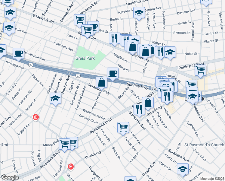 map of restaurants, bars, coffee shops, grocery stores, and more near 5 Freer Street in Lynbrook