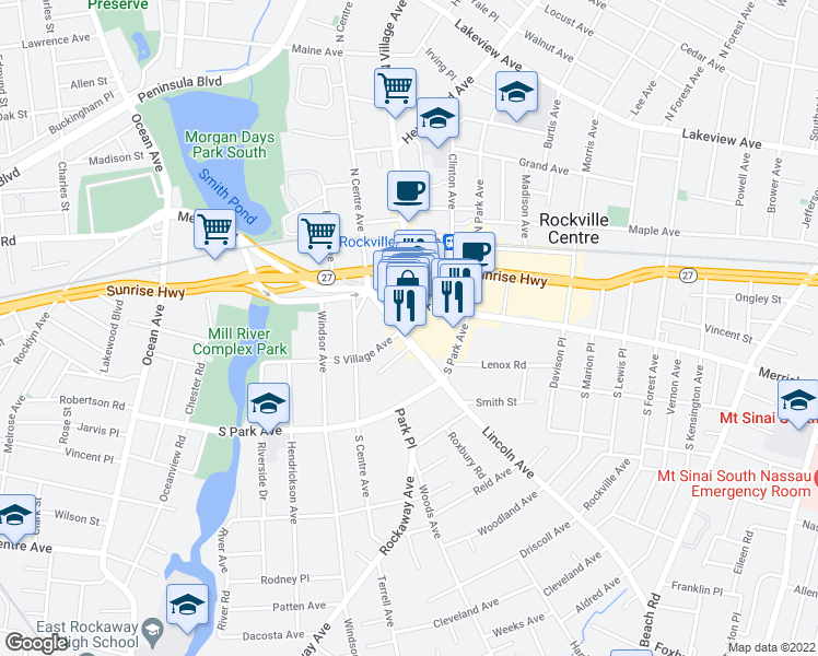 map of restaurants, bars, coffee shops, grocery stores, and more near 23 South Village Avenue in Rockville Centre