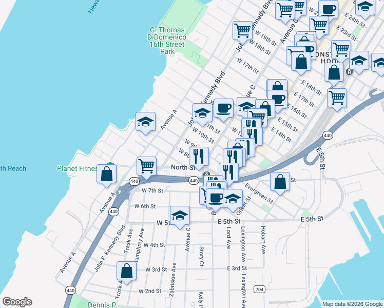 map of restaurants, bars, coffee shops, grocery stores, and more near 84 West 9th Street in Bayonne
