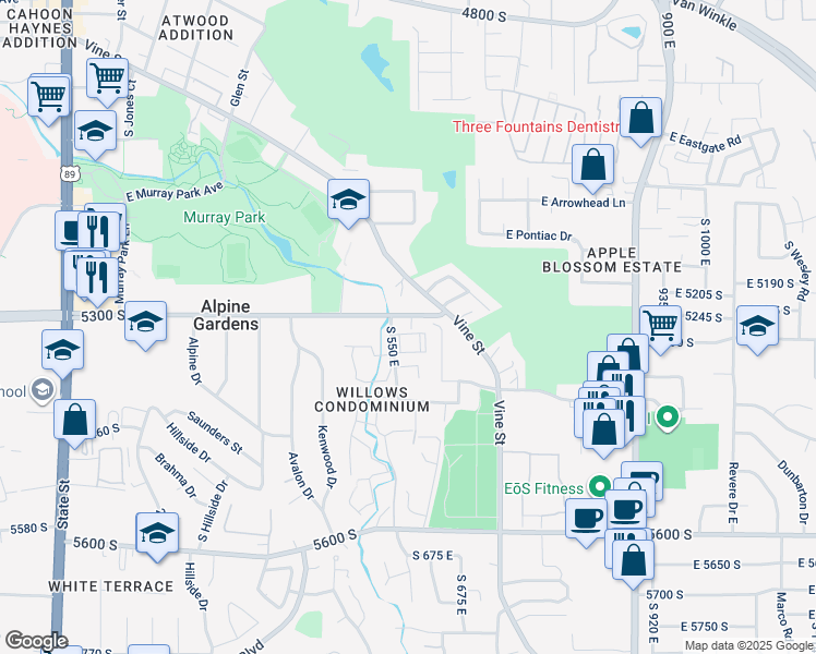 map of restaurants, bars, coffee shops, grocery stores, and more near 572 East 5300 South in Murray