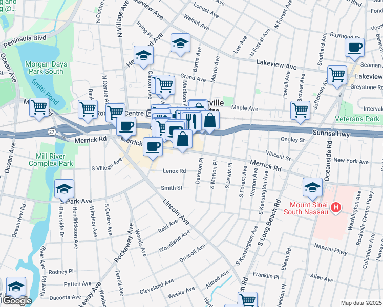 map of restaurants, bars, coffee shops, grocery stores, and more near 350a Merrick Road in Rockville Centre