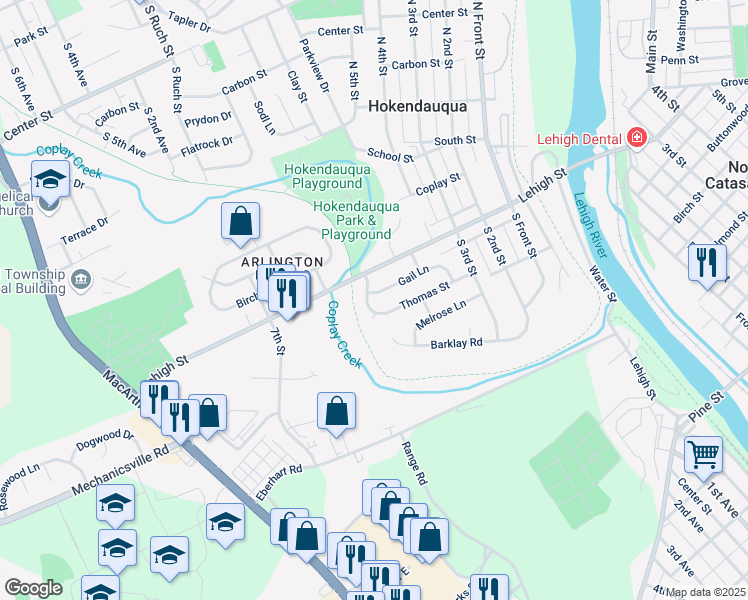 map of restaurants, bars, coffee shops, grocery stores, and more near 3206 South 5th Street in Hokendauqua