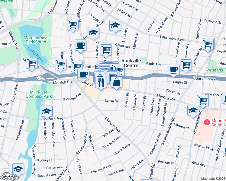 map of restaurants, bars, coffee shops, grocery stores, and more near 300 Merrick Road in Rockville Centre