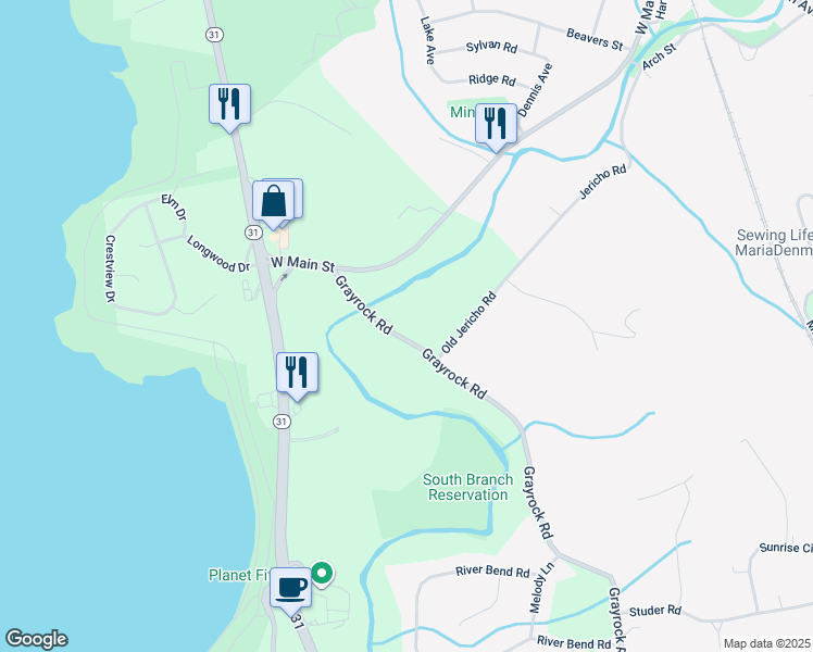 map of restaurants, bars, coffee shops, grocery stores, and more near 86 Grayrock Road in Clinton