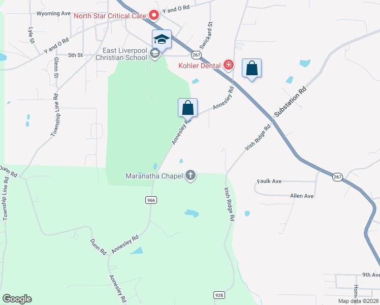 map of restaurants, bars, coffee shops, grocery stores, and more near 16914 Annesley Road in East Liverpool