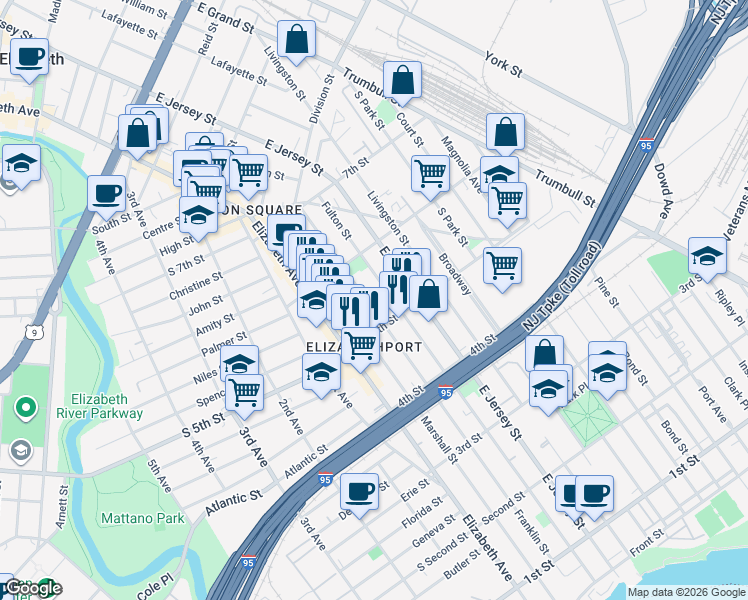 map of restaurants, bars, coffee shops, grocery stores, and more near 533 Franklin Street in Elizabeth