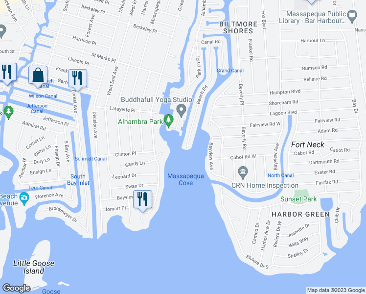 map of restaurants, bars, coffee shops, grocery stores, and more near 4 Beach Road in Massapequa