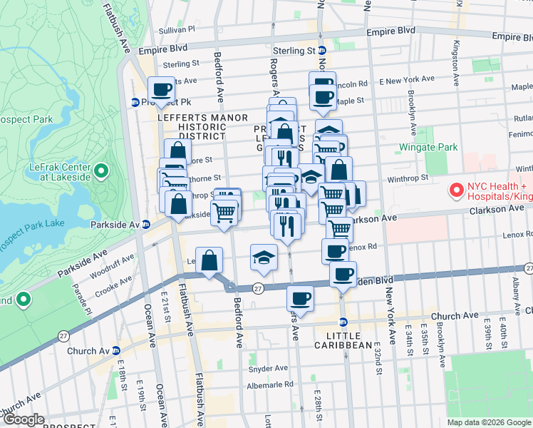 map of restaurants, bars, coffee shops, grocery stores, and more near 576 Parkside Avenue in Brooklyn