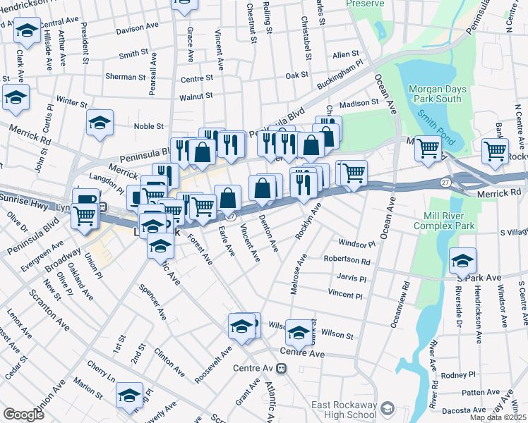 map of restaurants, bars, coffee shops, grocery stores, and more near 225 Sunrise Highway in Lynbrook