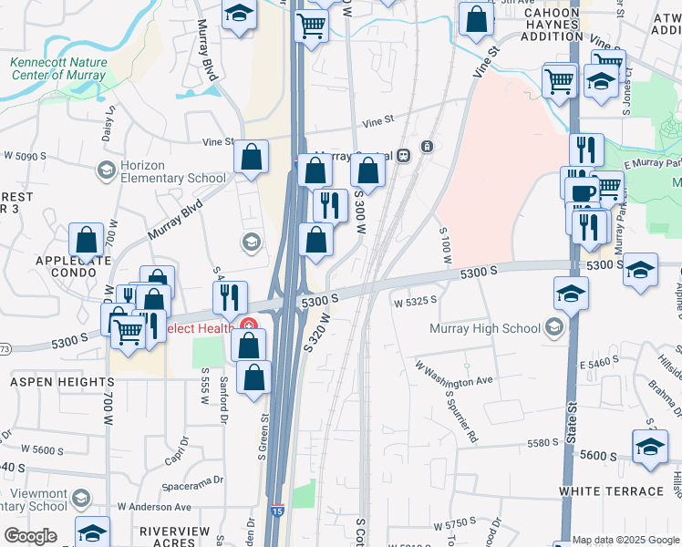 map of restaurants, bars, coffee shops, grocery stores, and more near 5295 300 West in Murray