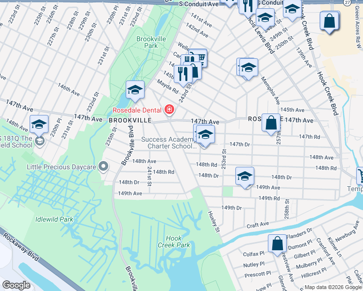 map of restaurants, bars, coffee shops, grocery stores, and more near 147-77 Huxley Street in Queens