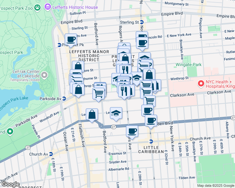 map of restaurants, bars, coffee shops, grocery stores, and more near 551 Parkside Avenue in Brooklyn