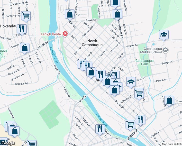 map of restaurants, bars, coffee shops, grocery stores, and more near 118 Chestnut Street in Catasauqua