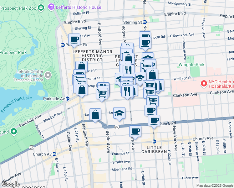 map of restaurants, bars, coffee shops, grocery stores, and more near 560 Parkside Avenue in Brooklyn
