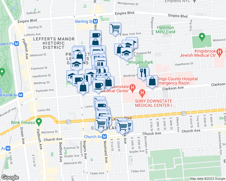 map of restaurants, bars, coffee shops, grocery stores, and more near 329 Clarkson Avenue in Brooklyn