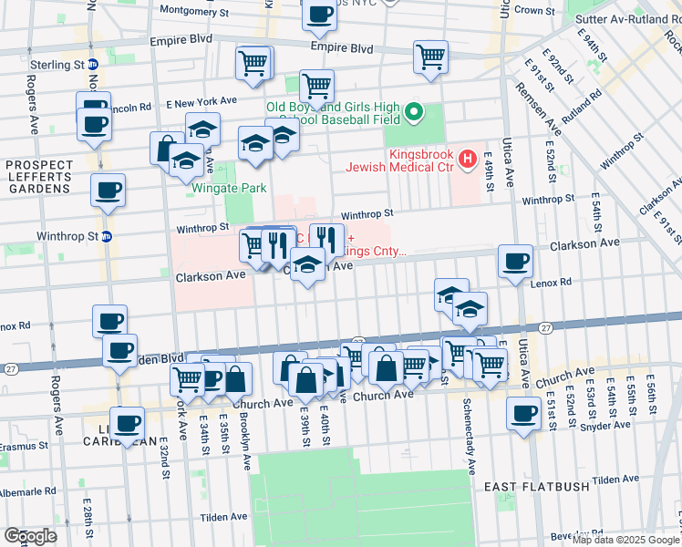 map of restaurants, bars, coffee shops, grocery stores, and more near 600 Clarkson Avenue in Brooklyn