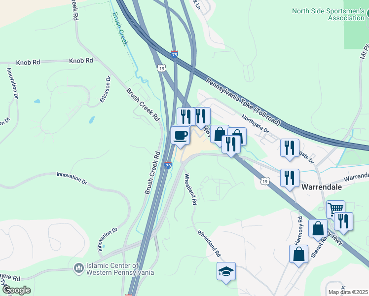 map of restaurants, bars, coffee shops, grocery stores, and more near Warrendale Village Drive in Warrendale