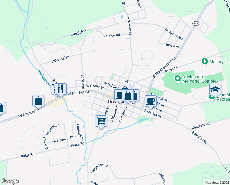 map of restaurants, bars, coffee shops, grocery stores, and more near 128 North Liberty Street in Orwigsburg