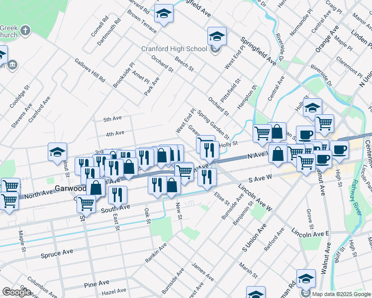 map of restaurants, bars, coffee shops, grocery stores, and more near 14 2nd Avenue in Garwood