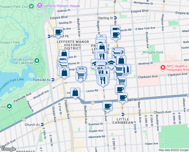 map of restaurants, bars, coffee shops, grocery stores, and more near 568 Parkside Avenue in Brooklyn