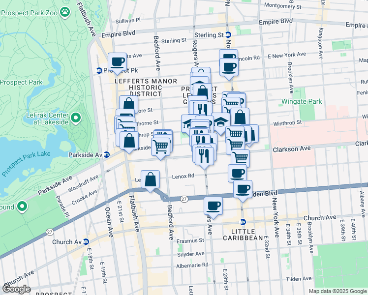 map of restaurants, bars, coffee shops, grocery stores, and more near 551 Parkside Avenue in Brooklyn