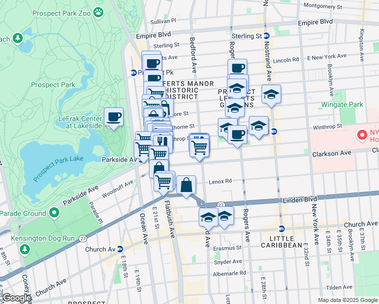 map of restaurants, bars, coffee shops, grocery stores, and more near 370 Parkside Avenue in Brooklyn