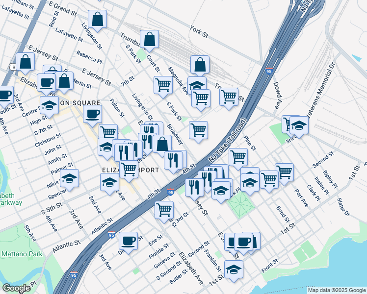 map of restaurants, bars, coffee shops, grocery stores, and more near 448 Broadway in Elizabeth
