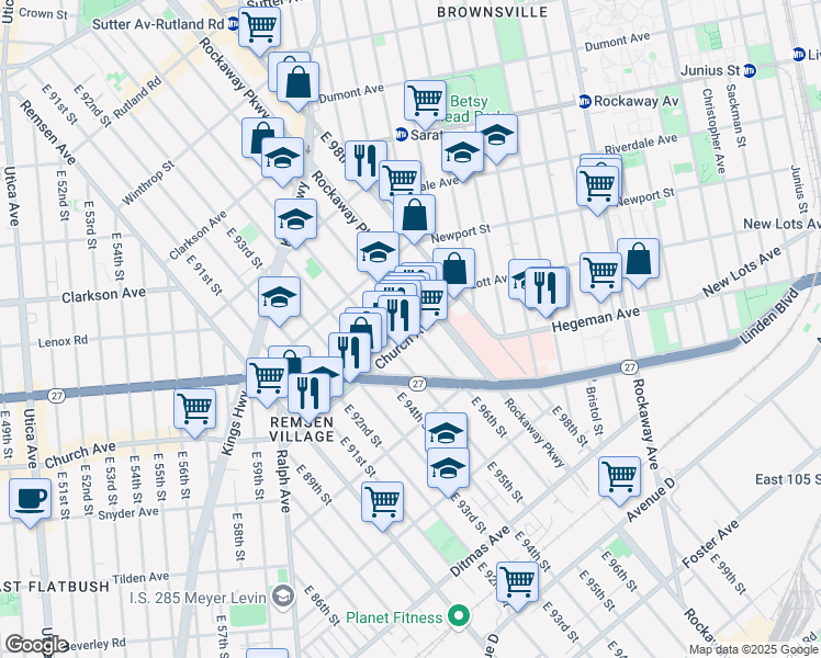 map of restaurants, bars, coffee shops, grocery stores, and more near 9529 Church Avenue in Brooklyn