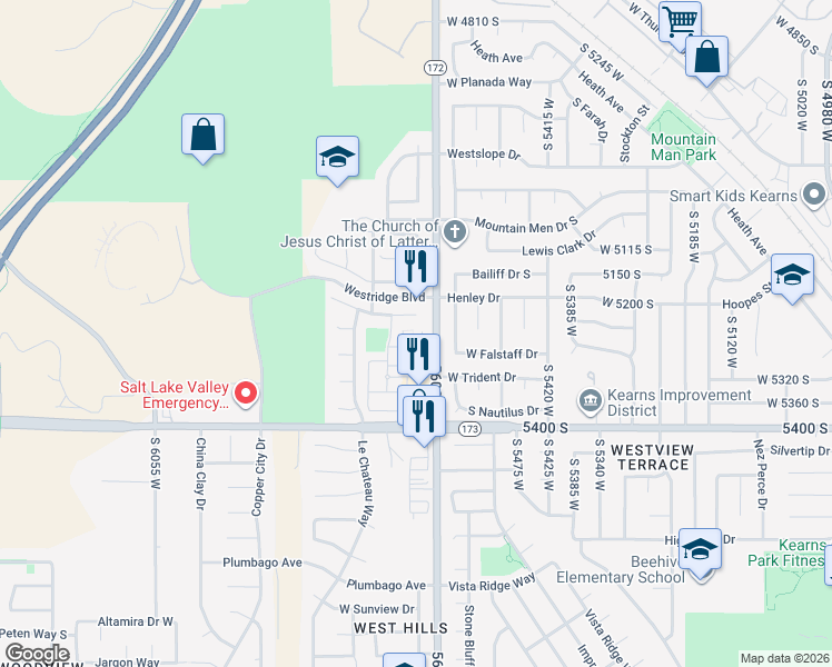 map of restaurants, bars, coffee shops, grocery stores, and more near 5250 Tucker Court in West Valley City
