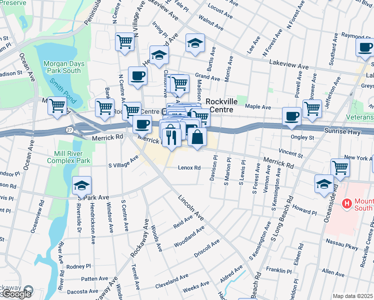 map of restaurants, bars, coffee shops, grocery stores, and more near 300 Merrick Road in Rockville Centre