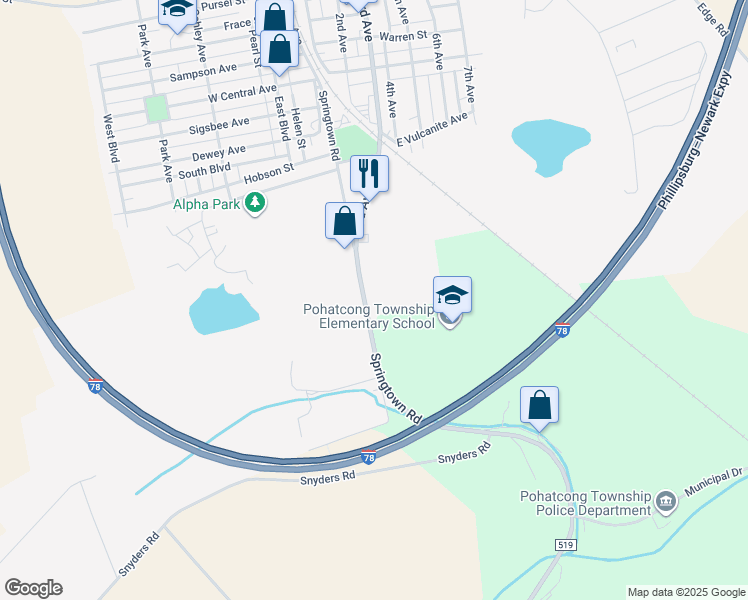 map of restaurants, bars, coffee shops, grocery stores, and more near 1722 Springtown Road in Alpha