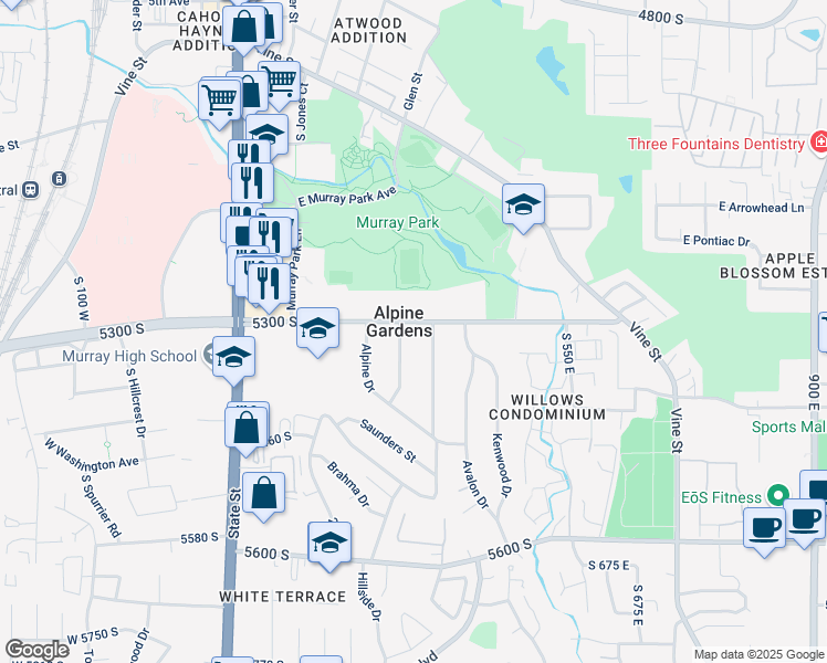 map of restaurants, bars, coffee shops, grocery stores, and more near 300 5300 South in Murray