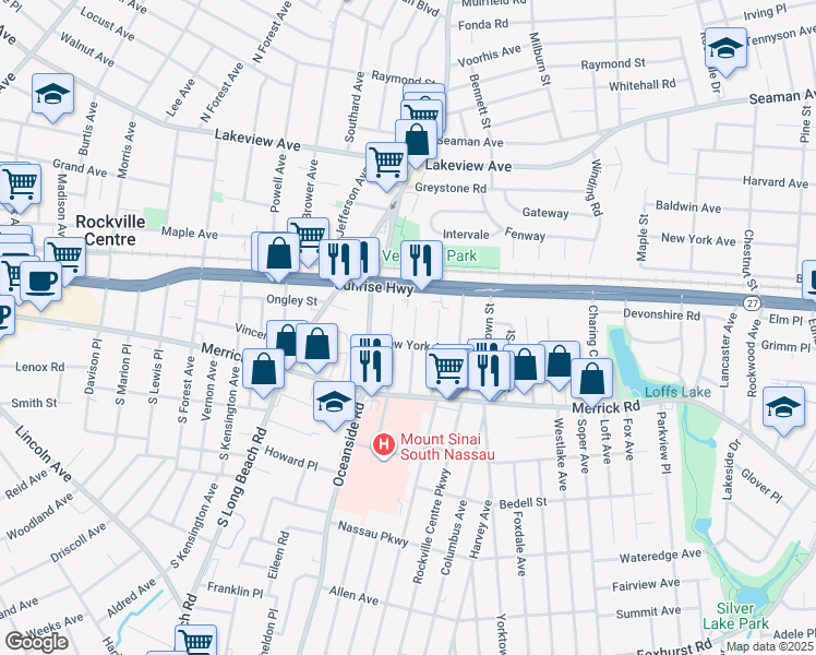 map of restaurants, bars, coffee shops, grocery stores, and more near 65 Chestnut Street in Rockville Centre