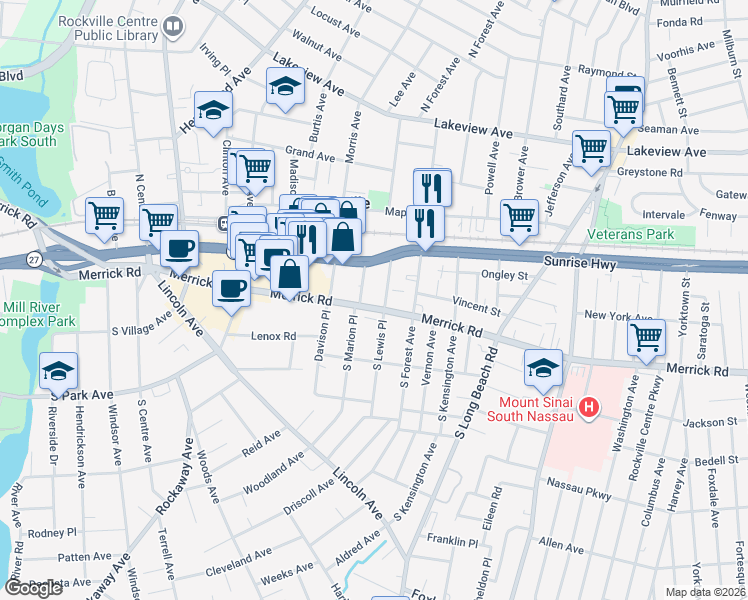 map of restaurants, bars, coffee shops, grocery stores, and more near 14 North Lewis Place in Rockville Centre