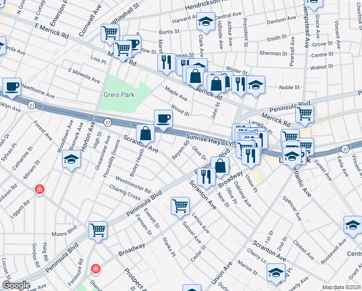 map of restaurants, bars, coffee shops, grocery stores, and more near 22 Reyam Road in Lynbrook