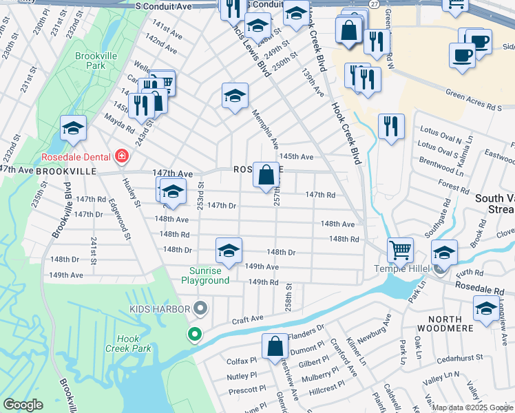 map of restaurants, bars, coffee shops, grocery stores, and more near 255-43 147th Drive in Queens