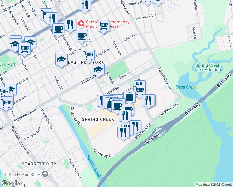 map of restaurants, bars, coffee shops, grocery stores, and more near 556 Vandalia Avenue in Brooklyn