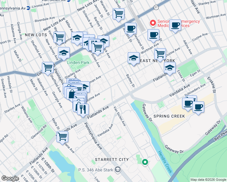 map of restaurants, bars, coffee shops, grocery stores, and more near 1961 Van Siclen Avenue in Brooklyn
