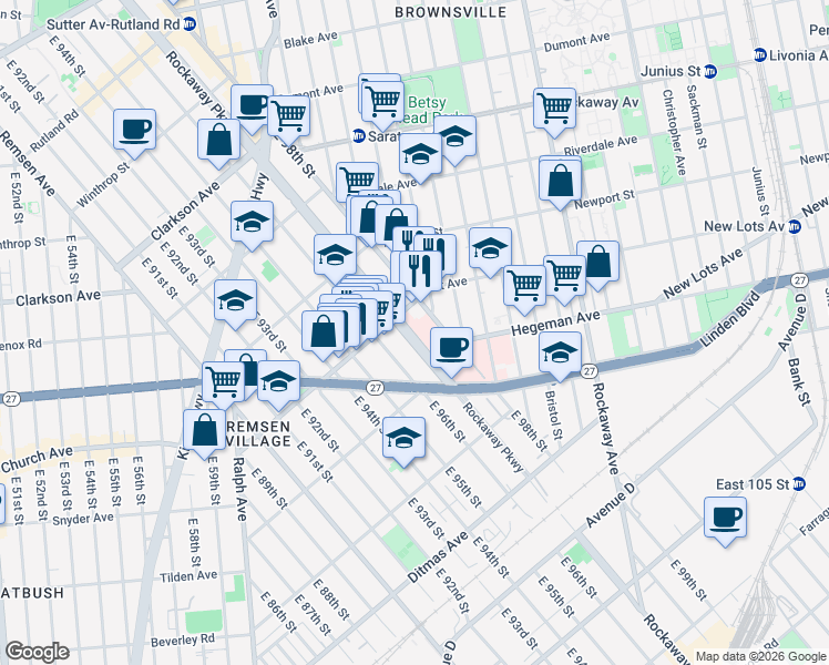 map of restaurants, bars, coffee shops, grocery stores, and more near 525 Rockaway Parkway in Brooklyn