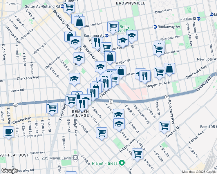 map of restaurants, bars, coffee shops, grocery stores, and more near 9601 Church Avenue in Brooklyn