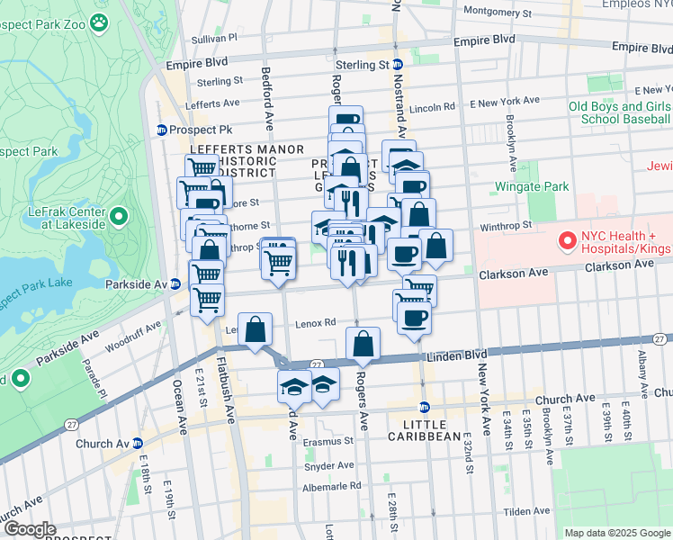 map of restaurants, bars, coffee shops, grocery stores, and more near 551 Parkside Avenue in Brooklyn