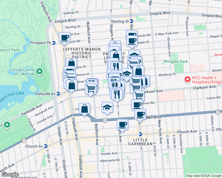 map of restaurants, bars, coffee shops, grocery stores, and more near 551 Parkside Avenue in Brooklyn